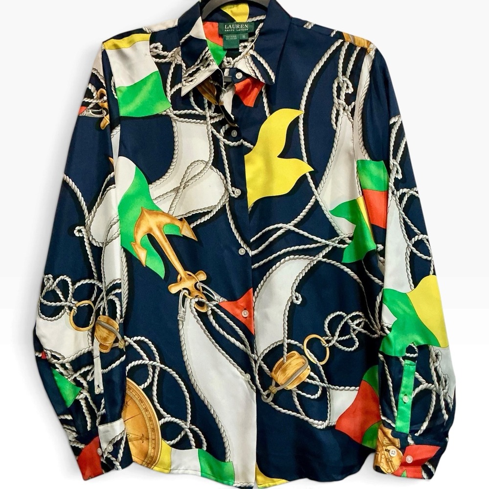 Lauren Ralph Lauren Silk Shirt 10 L Nautical Signal Flag Rope Anchor Vintage Y2K